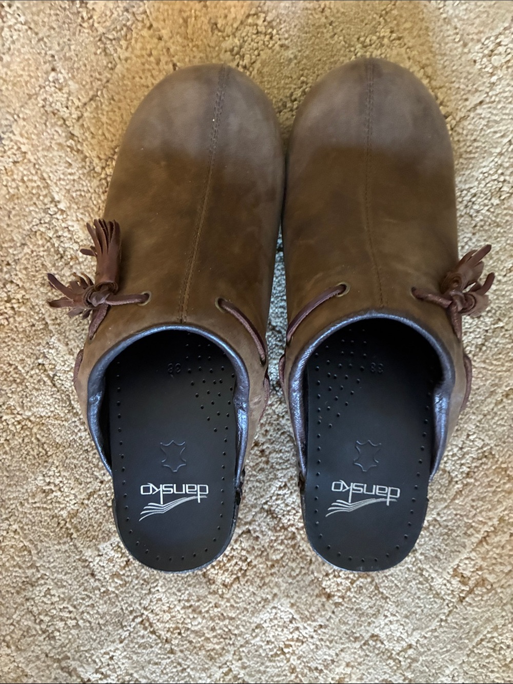 Dansko Brown Leather Tassel Slip-On Clogs